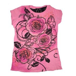 10/$20 Pink cap sleeve shirt roses, sparkle, black